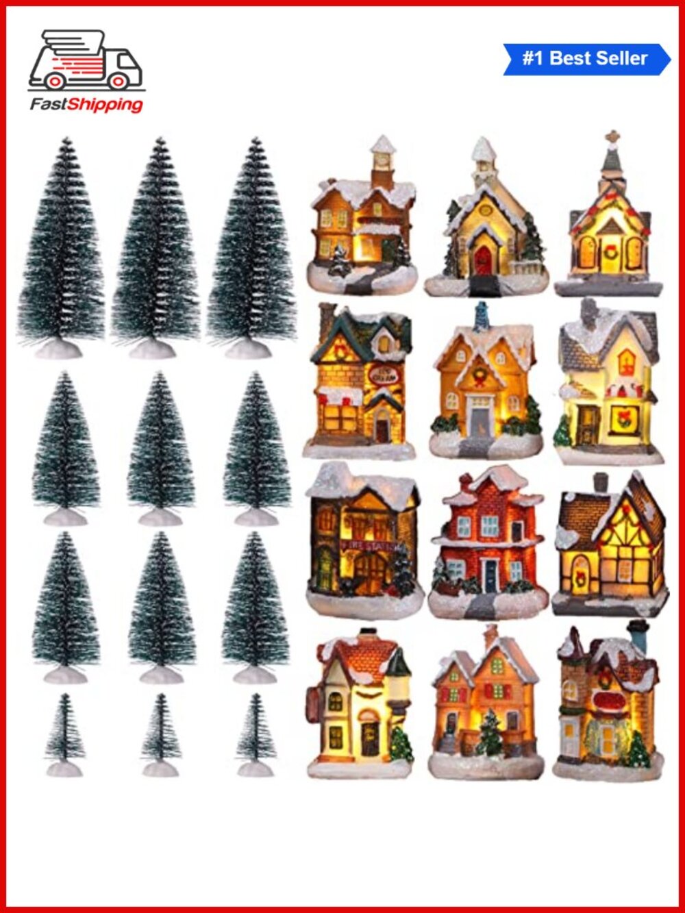 🎅 Christmas Village Houses 12 LED Light Up Buildings & 12 Trees Miniature Set